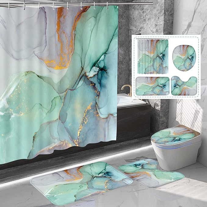 Bathroom Sets Rugs Shower Curtain, Green Marble Pattern Waterproof